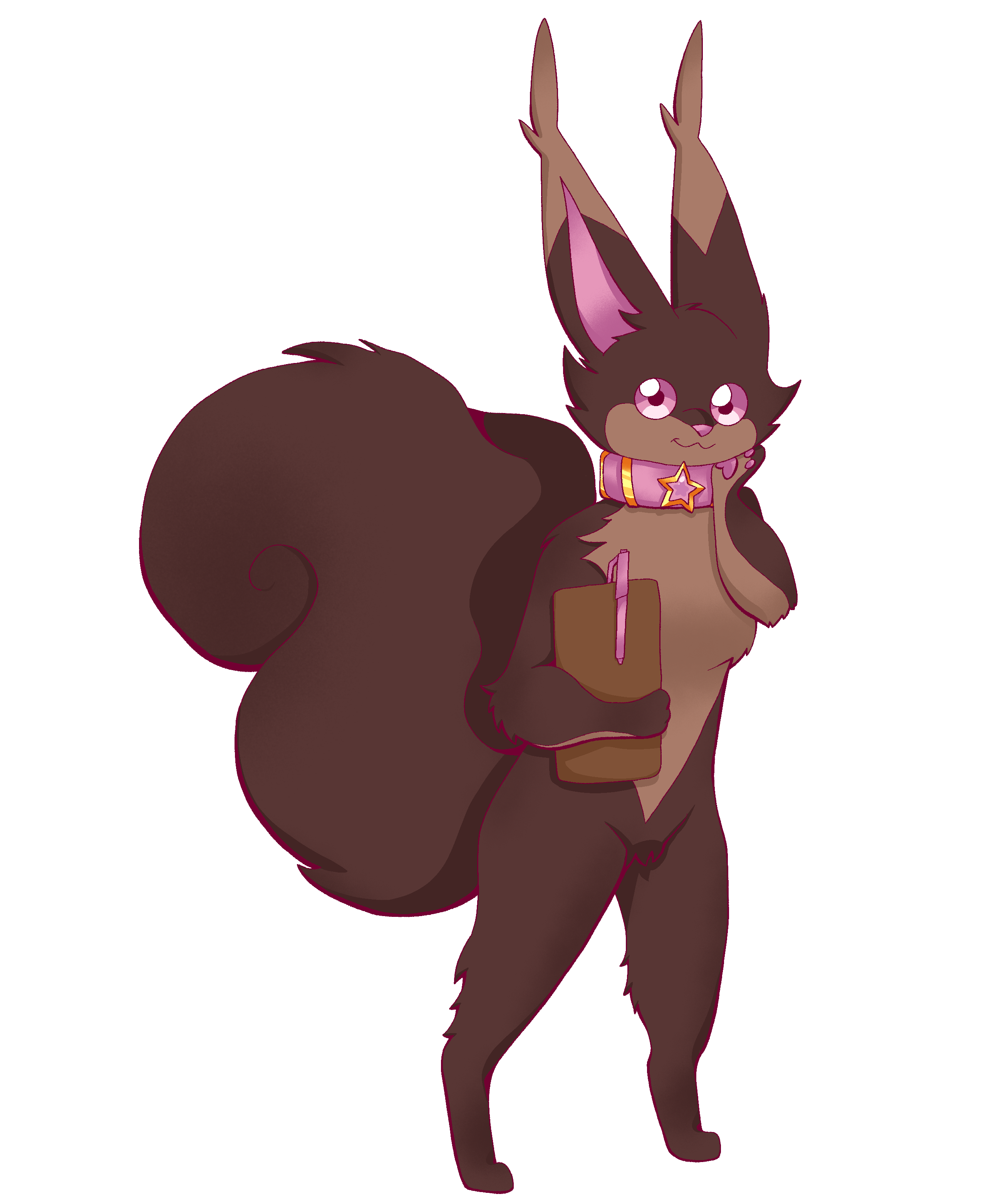 Chocola, a model Keeper. She is a rich, dark brown, with a soft squirrel-like tail and long furry ears. Her eyes, nose, inner ears and paw pads are all a light pink, matching nicely with her soft pink collar. There is a star-shaped pink jewel as decoration on the collar.